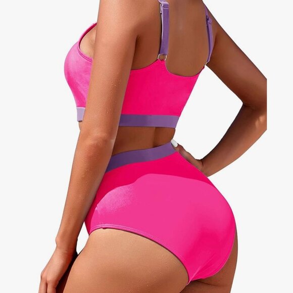 Bikini Set Two Piece High Waisted Scoop Neck Swimsuit Plus Size Pink Purple NEW - Picture 12 of 12